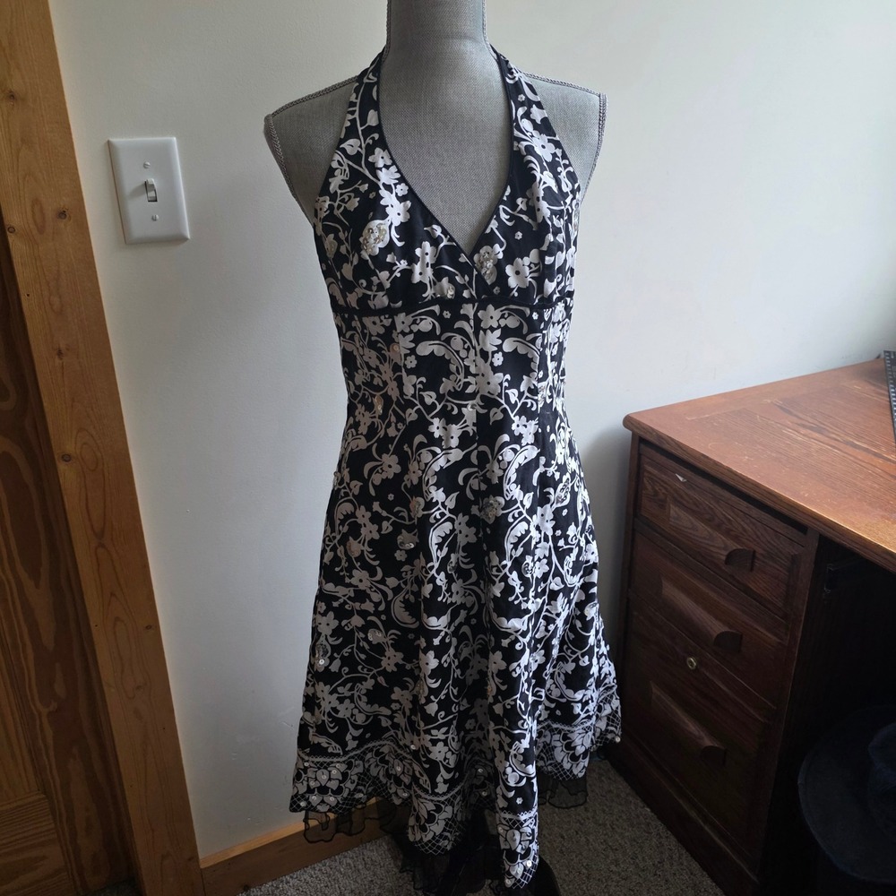 Speechless Y2K Floral Halter Dress Black White Sequin Tulle Hem Size 11 HoCo